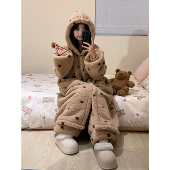 Koreai stílusú női pizsama készlet korall plüssből – vastag téli meleg, otthoni viselet, hosszú ujjú felső és hosszú nadrág