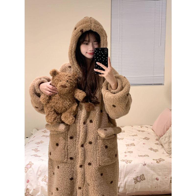 Koreai stílusú női pizsama készlet korall plüssből – vastag téli meleg, otthoni viselet, hosszú ujjú felső és hosszú nadrág