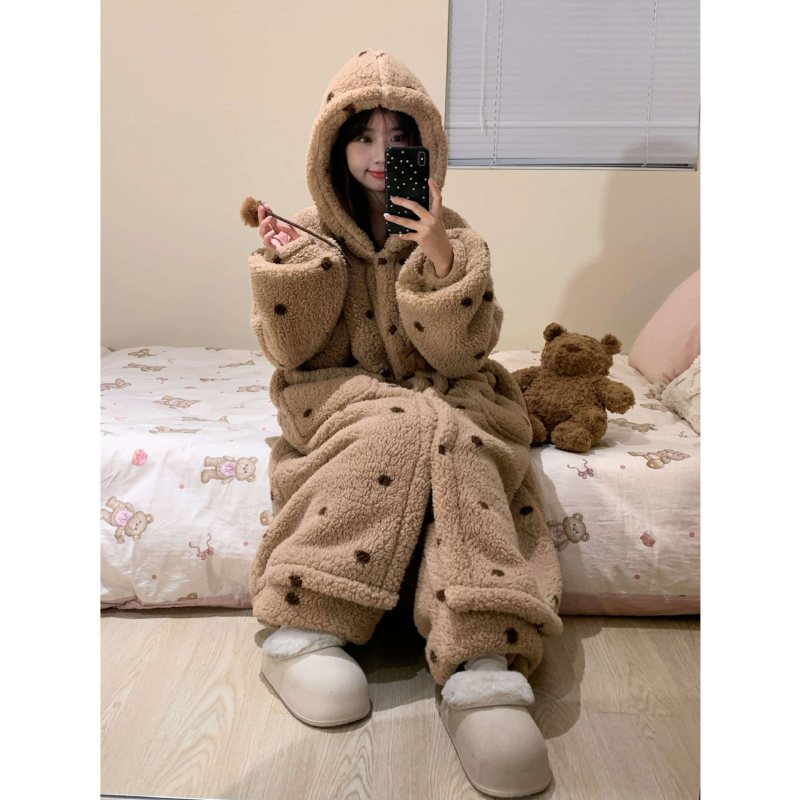 Koreai stílusú női pizsama készlet korall plüssből – vastag téli meleg, otthoni viselet, hosszú ujjú felső és hosszú nadrág
