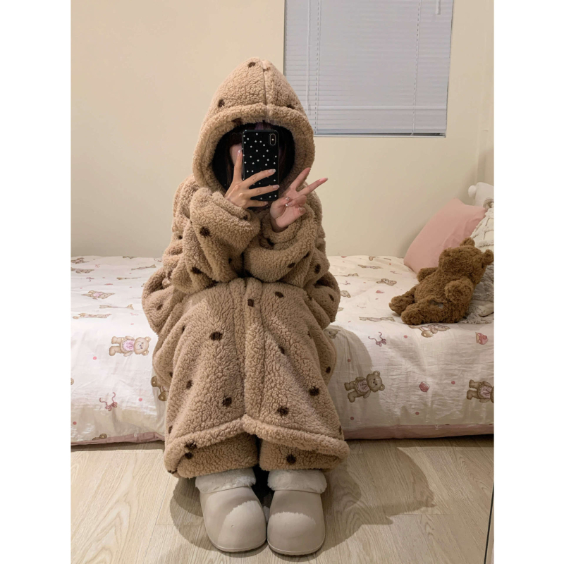 Koreai stílusú női pizsama készlet korall plüssből – vastag téli meleg, otthoni viselet, hosszú ujjú felső és hosszú nadrág