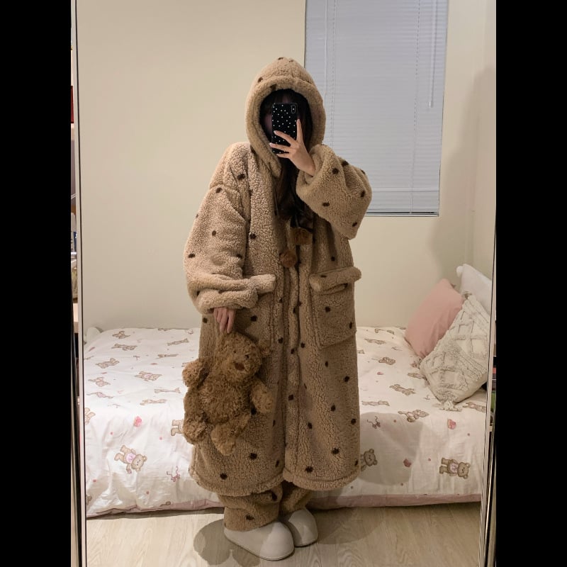 Koreai stílusú női pizsama készlet korall plüssből – vastag téli meleg, otthoni viselet, hosszú ujjú felső és hosszú nadrág