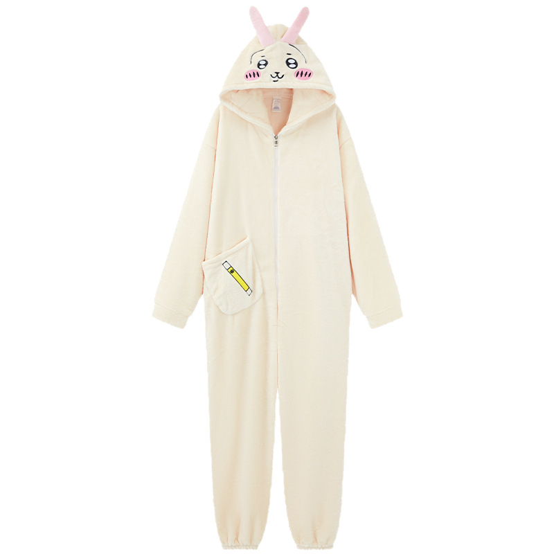 Ženski flanel-pidžama s kapuljačom – japanskog stila, crtani dizajn, debljina 251–300 g/m2, ovratnik lapel, dugi rukavi, hlače, 95–100% poliester