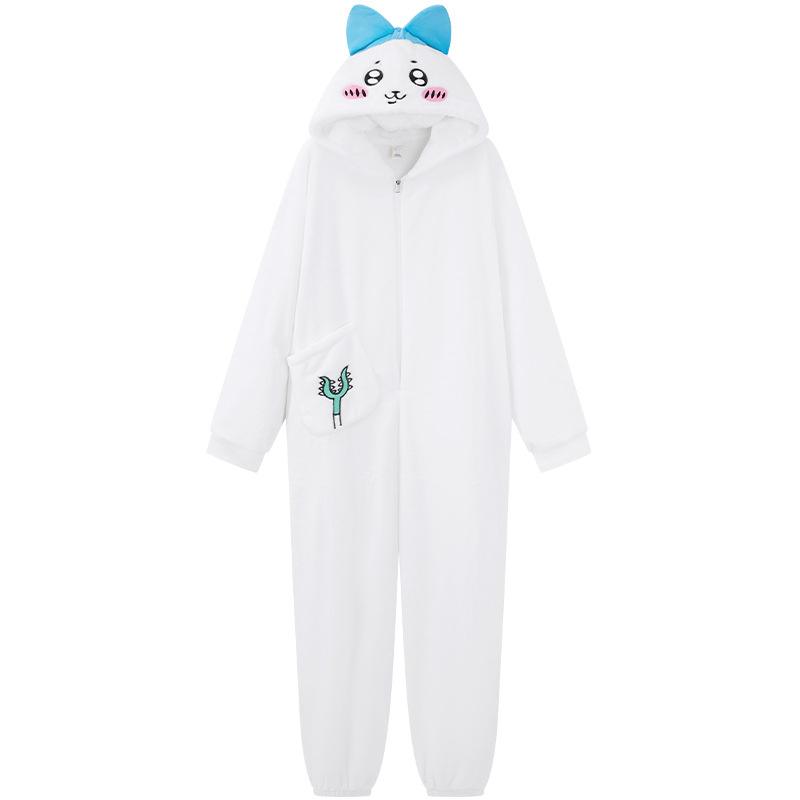 Ženski flanel-pidžama s kapuljačom – japanskog stila, crtani dizajn, debljina 251–300 g/m2, ovratnik lapel, dugi rukavi, hlače, 95–100% poliester