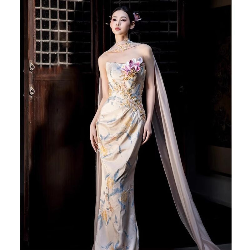 Булчинска рокля с едно рамо, А‑линия, дълга фиштейл рокля, смес Chenille и Spandex (70–80% Chenille, 30–50% Spandex)