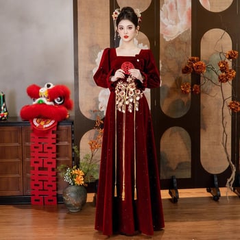 Булчинска рокля в стил A-line, висока талия, дълги ръкави, дълга пола, китайски стил.