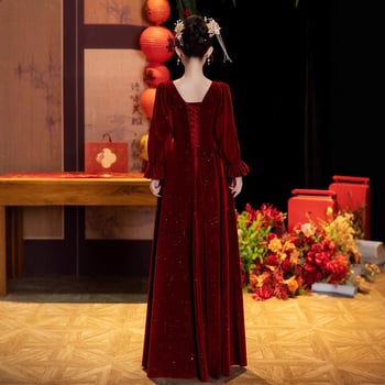 Булчинска рокля в стил A-line, висока талия, дълги ръкави, дълга пола, китайски стил.