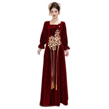 Булчинска рокля в стил A-line, висока талия, дълги ръкави, дълга пола, китайски стил.