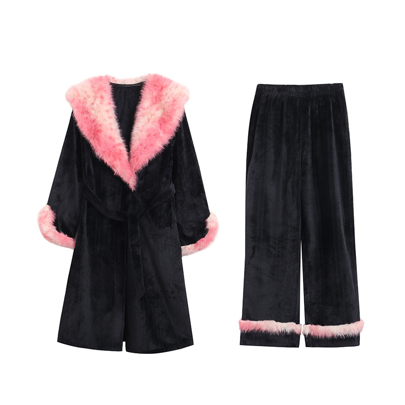 Pidžama set s leopardim uzorkom, flanelni poliester, dugi rukavi, čipkasti minimalistički stil