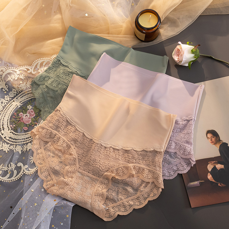 Ženske gaćice s visokim strukom od ledenog svile s čipkom, pamuk unutarnja podstava u preponi, prozračnost i antibakterijski, jacquard tkanina