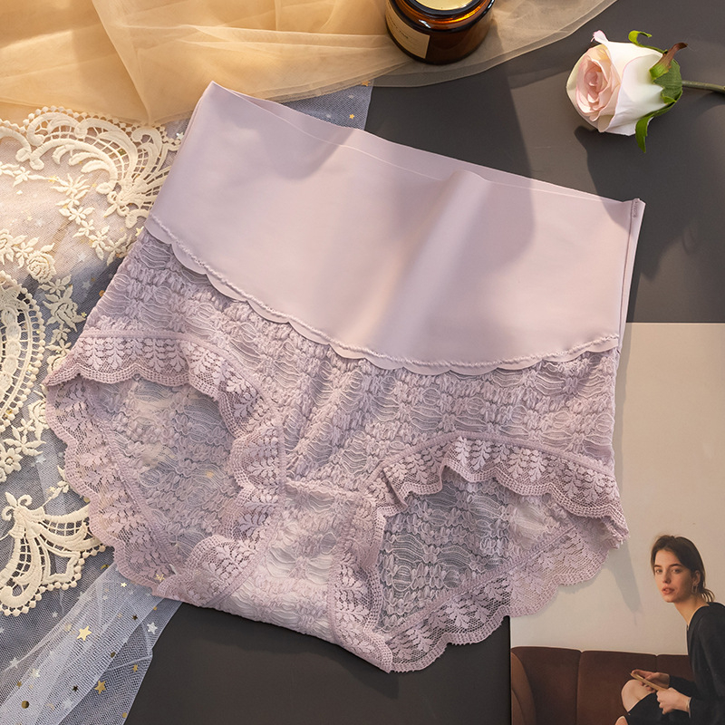 Ženske gaćice s visokim strukom od ledenog svile s čipkom, pamuk unutarnja podstava u preponi, prozračnost i antibakterijski, jacquard tkanina