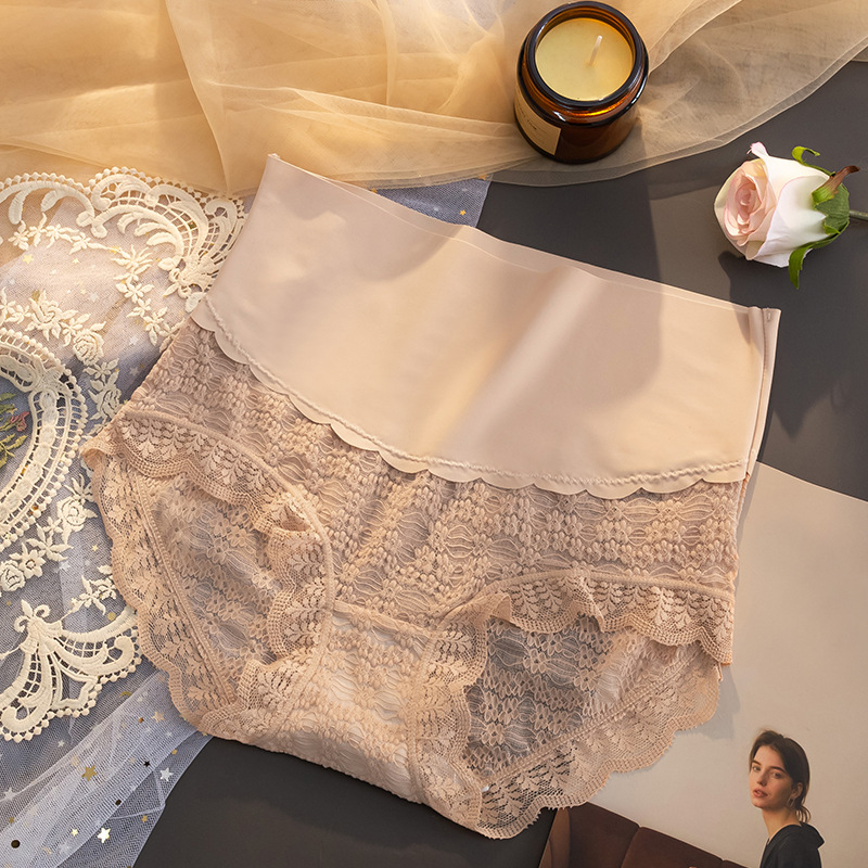 Ženske gaćice s visokim strukom od ledenog svile s čipkom, pamuk unutarnja podstava u preponi, prozračnost i antibakterijski, jacquard tkanina