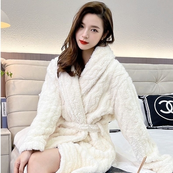 Halat din fleece coral pentru femei, decolteu în V, mâneci lungi, lungime medie, țesătură groasă, poliester