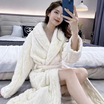 Halat din fleece coral pentru femei, decolteu în V, mâneci lungi, lungime medie, țesătură groasă, poliester