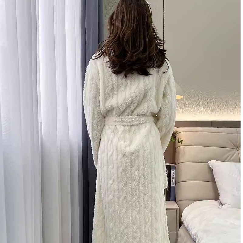 Halat din fleece coral pentru femei, decolteu în V, mâneci lungi, lungime medie, țesătură groasă, poliester