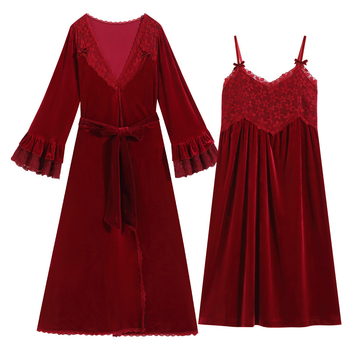 Moteriški ilgas naktinukės su ilgomis rankovėmis, auksinis aksomas, poliesteris 95–100%, 251–300 g/m2, V kaklo iškirptė, prabangaus namų drabužiai