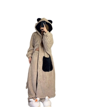 Flanel pijama set s debelim fleeceom, kapuljačom, dugim rukavima i dugim hlačama, poliester 95–100%, 201–250 g/m², zimski stil, siamski i bajkoviti stil
