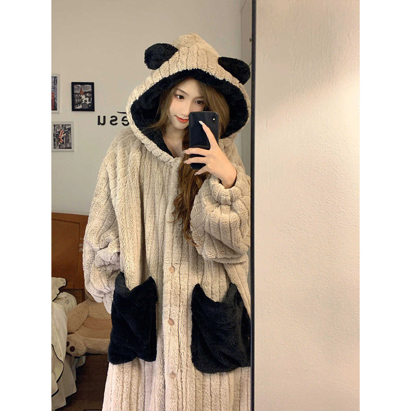 Flanel pijama set s debelim fleeceom, kapuljačom, dugim rukavima i dugim hlačama, poliester 95–100%, 201–250 g/m², zimski stil, siamski i bajkoviti stil