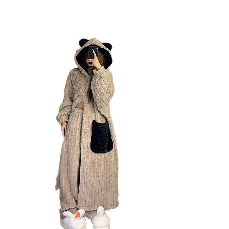 Flanel pijama set s debelim fleeceom, kapuljačom, dugim rukavima i dugim hlačama, poliester 95–100%, 201–250 g/m², zimski stil, siamski i bajkoviti stil