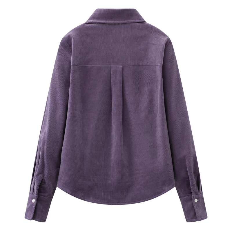 Cămașă din corduroy pentru femei, amestec bumbac-poliester (50-70% bumbac, 30-50% poliester), guler lapel, mâneci lungi, croială lejeră, iarna 2025