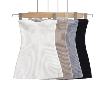 Top tubular tricotat, fără bretele, micro-elastic, lungime scurtă, țesătură poliester cu spandex (70–80% poliester)