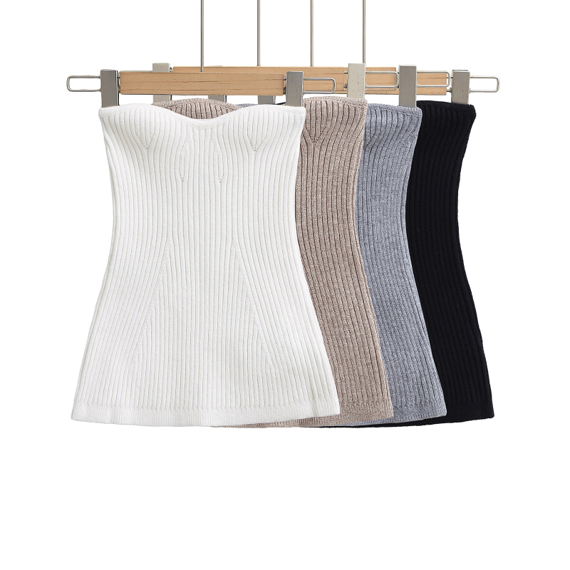 Top tubular tricotat, fără bretele, micro-elastic, lungime scurtă, țesătură poliester cu spandex (70–80% poliester)