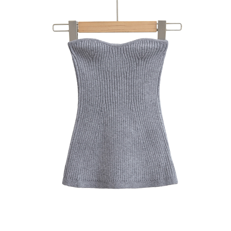 Top tubular tricotat, fără bretele, micro-elastic, lungime scurtă, țesătură poliester cu spandex (70–80% poliester)