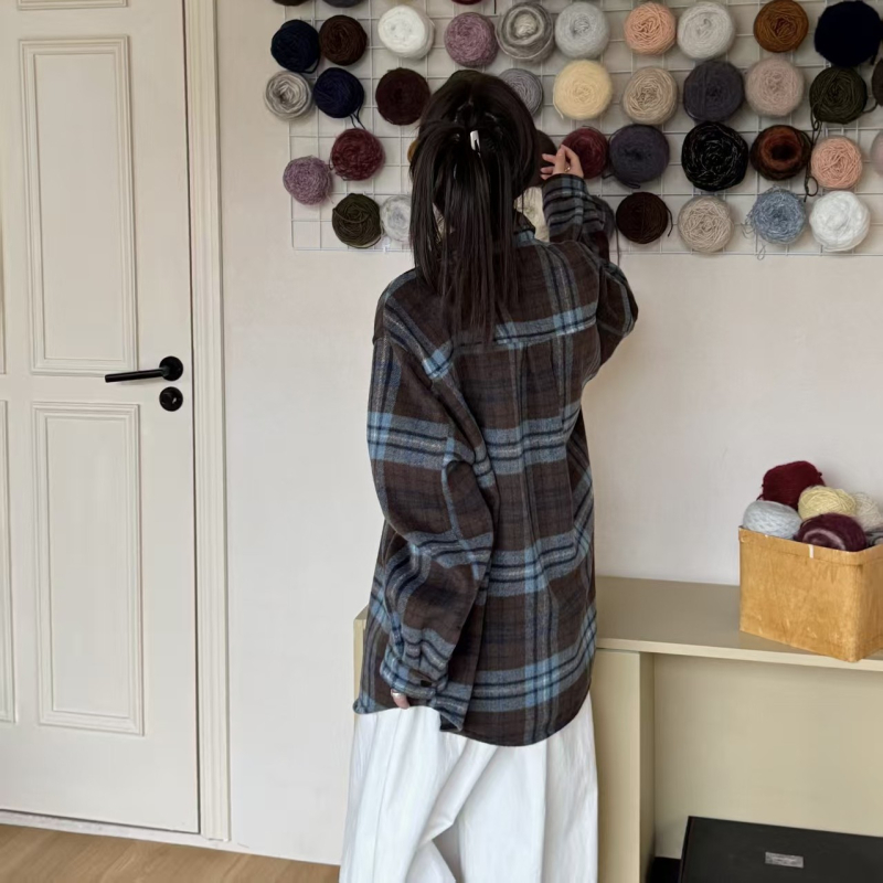 Košulja s kariranim uzorkom, pamukasto–mješani materijal, britski stil, labav kroj