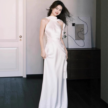 Годежна рокля с А-линия, горнище тип тръба, без ръкави, дълга пола, висока талия