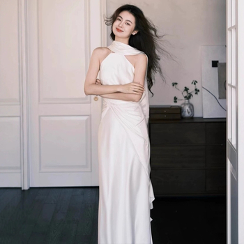 Годежна рокля с А-линия, горнище тип тръба, без ръкави, дълга пола, висока талия