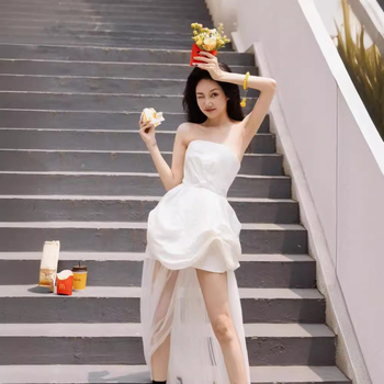 Платье в стил А-линия, без презрамки, с висока талия, без ръкави, полиестерова материя