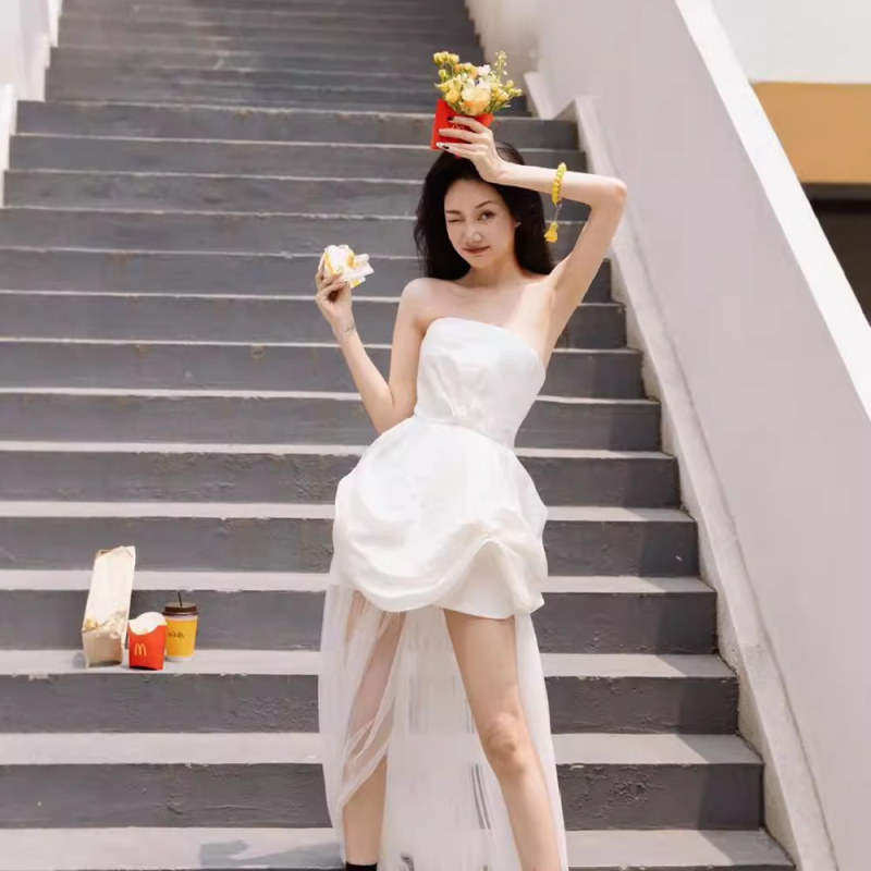 Платье в стил А-линия, без презрамки, с висока талия, без ръкави, полиестерова материя