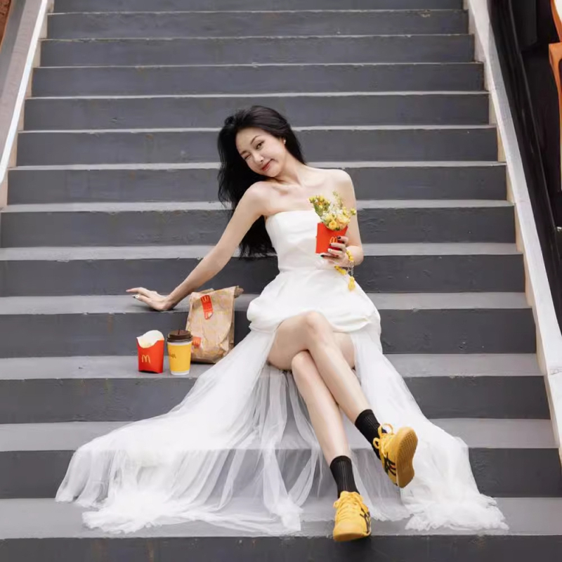 Платье в стил А-линия, без презрамки, с висока талия, без ръкави, полиестерова материя