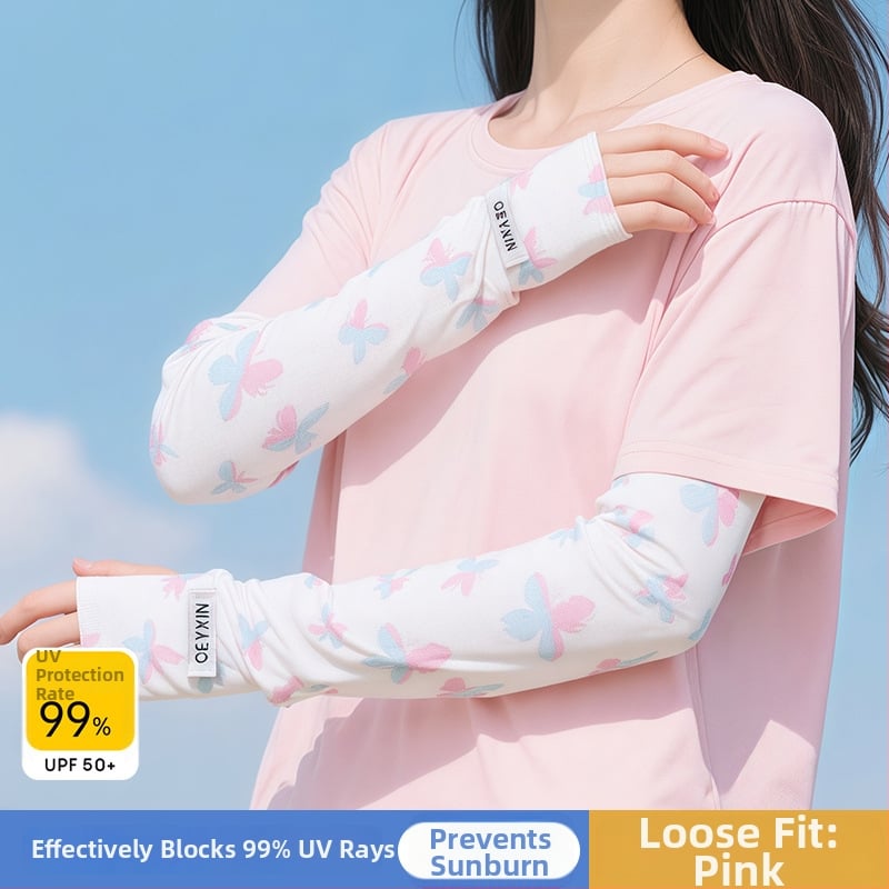 Слънцезащитни ръкави от ice silk — нейлон/спандекс (81–95% ice silk, 11–20% спандекс), сладък стил, лято 2025