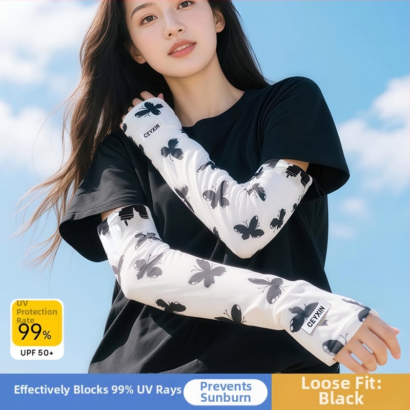 Слънцезащитни ръкави от ice silk — нейлон/спандекс (81–95% ice silk, 11–20% спандекс), сладък стил, лято 2025