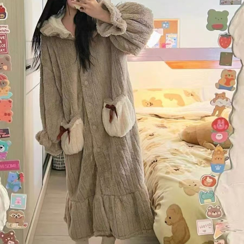 Ženski zimski pidžama od koralnog fleksa, japanski stil, debeo i topao, džepovi s dizajnom oblaka, flanel domaća odjeća