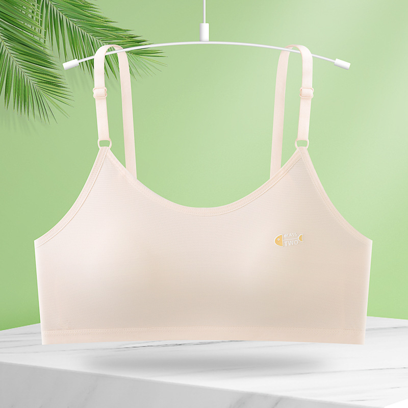 Mergaitėms paauglystės laikotarpiu apatinių drabužių komplektas, su pilna puodelio, plonas formuojantis puodelis, nailonas kvėpuojantis, viršutinis tubinis topas su fiksuotomis dvigubomis petnešėlėmis