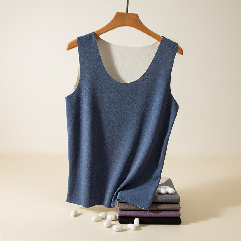 Vesta caldă pentru bărbați, căptuțită cu velur, dublu strat, fără cusături, guler rotund, țesătură poliester