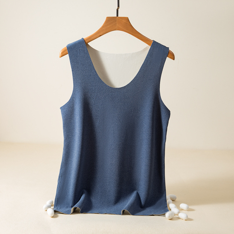 Vesta caldă pentru bărbați, căptuțită cu velur, dublu strat, fără cusături, guler rotund, țesătură poliester