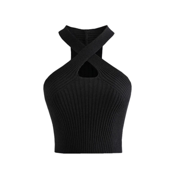 Kratki pleteni halter top s križnim vratom – uski kroj, kratka duljina