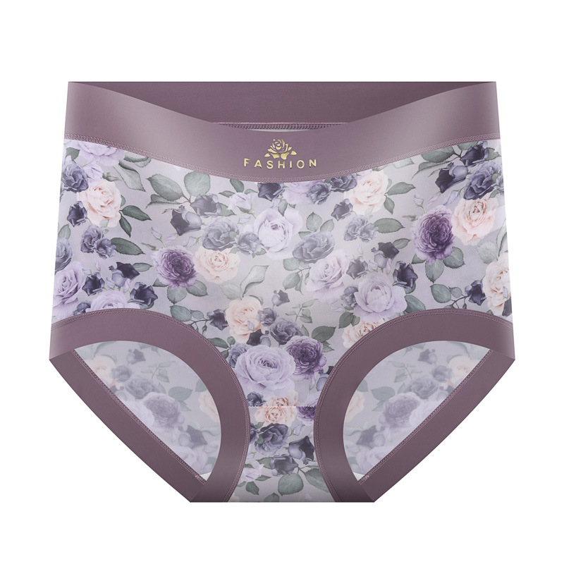 Damske gaćice visokog struka s cvjetnim uzorkom, podizanje stražnjice i zatezanje abdomena, Ice Silk tkanina, pleteni kroj, podstava od Mulberry svile