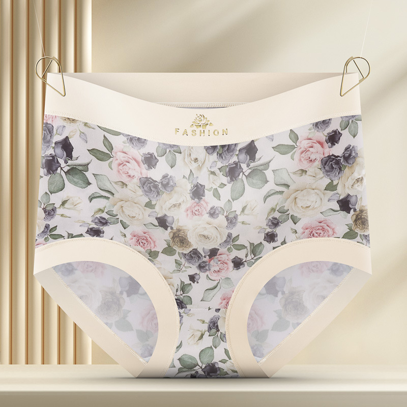 Damske gaćice visokog struka s cvjetnim uzorkom, podizanje stražnjice i zatezanje abdomena, Ice Silk tkanina, pleteni kroj, podstava od Mulberry svile