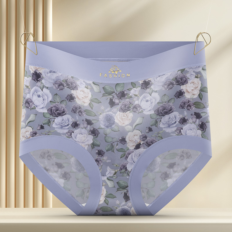 Damske gaćice visokog struka s cvjetnim uzorkom, podizanje stražnjice i zatezanje abdomena, Ice Silk tkanina, pleteni kroj, podstava od Mulberry svile