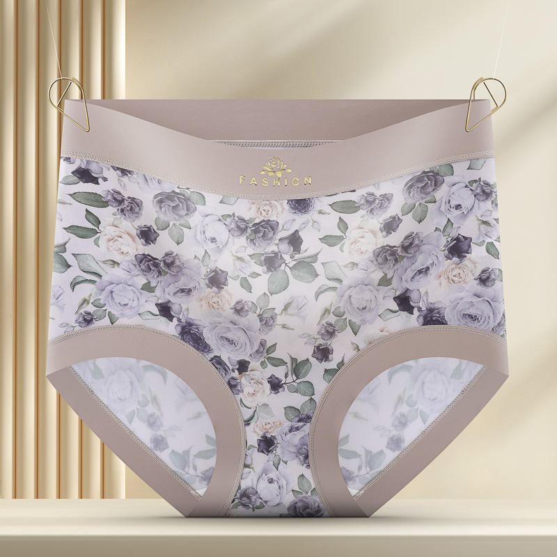 Damske gaćice visokog struka s cvjetnim uzorkom, podizanje stražnjice i zatezanje abdomena, Ice Silk tkanina, pleteni kroj, podstava od Mulberry svile