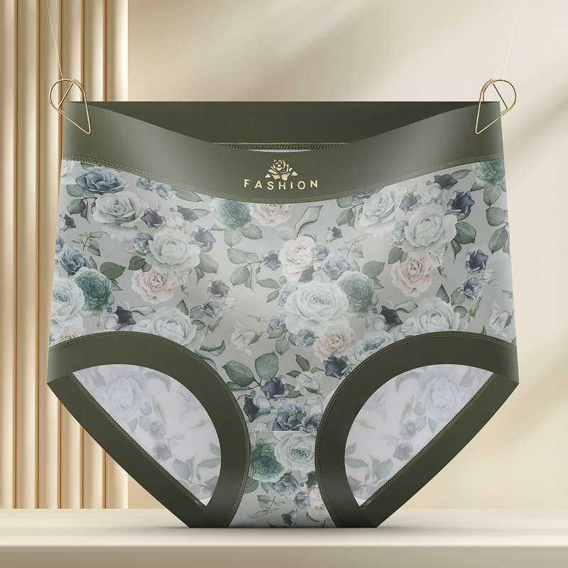 Damske gaćice visokog struka s cvjetnim uzorkom, podizanje stražnjice i zatezanje abdomena, Ice Silk tkanina, pleteni kroj, podstava od Mulberry svile