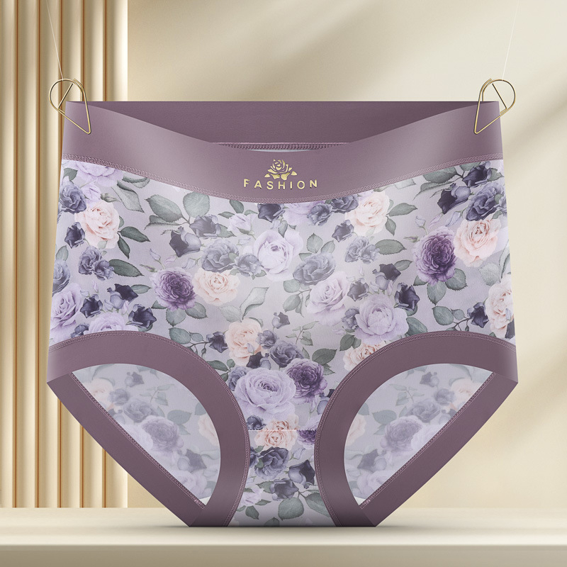 Damske gaćice visokog struka s cvjetnim uzorkom, podizanje stražnjice i zatezanje abdomena, Ice Silk tkanina, pleteni kroj, podstava od Mulberry svile