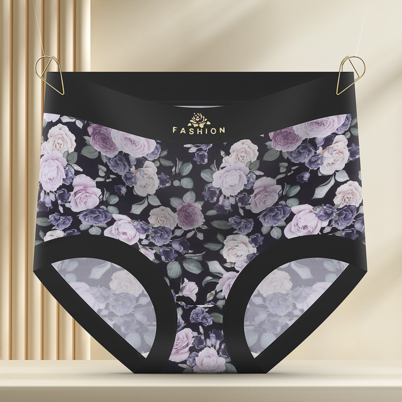 Damske gaćice visokog struka s cvjetnim uzorkom, podizanje stražnjice i zatezanje abdomena, Ice Silk tkanina, pleteni kroj, podstava od Mulberry svile