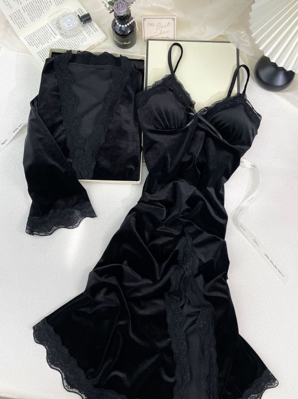 Baršunasti dvodijelni set: noćna haljina i kućna haljina s čipkom, seksi prorez, francuskog stila