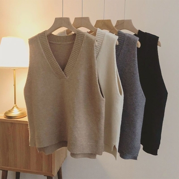 Ženski V-izrez pleteni vest, bez rukava, školski stil (V-izrez, bez rukava, pleteni, vlna, rayon)