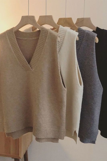 Ženski V-izrez pleteni vest, bez rukava, školski stil (V-izrez, bez rukava, pleteni, vlna, rayon)