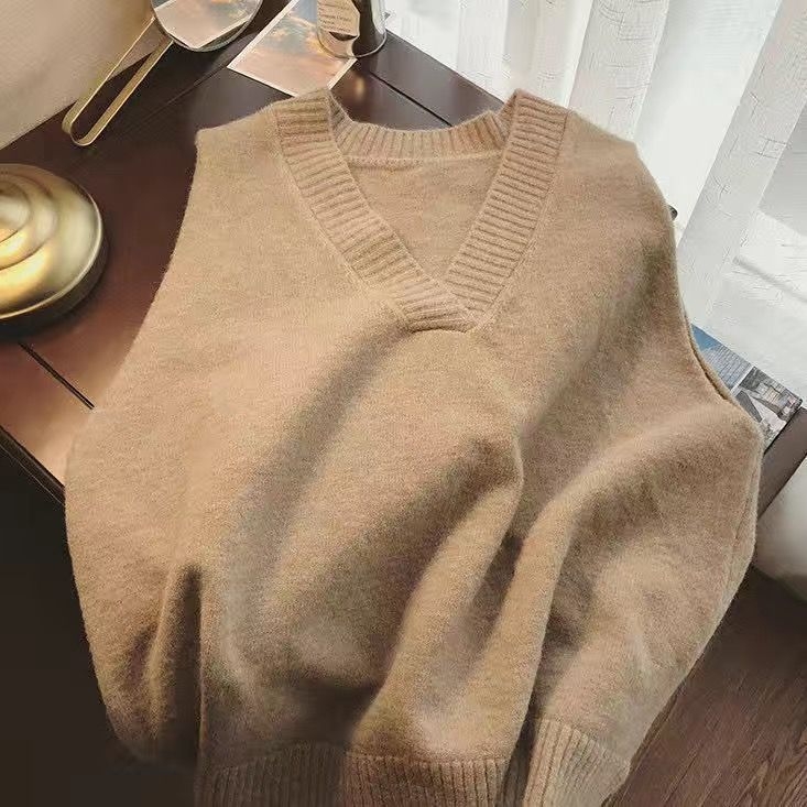 Ženski V-izrez pleteni vest, bez rukava, školski stil (V-izrez, bez rukava, pleteni, vlna, rayon)